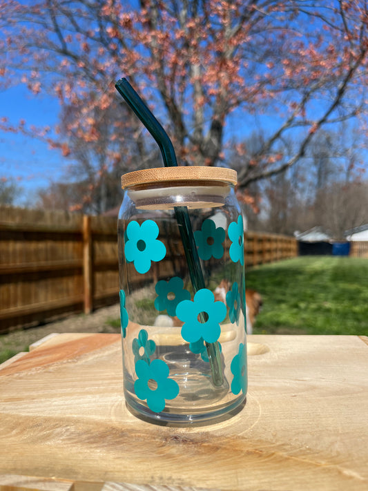 Retro Flower 16oz Glass Can