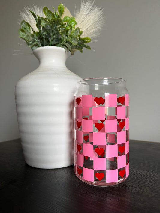 Checkered Hearts Glass Can
