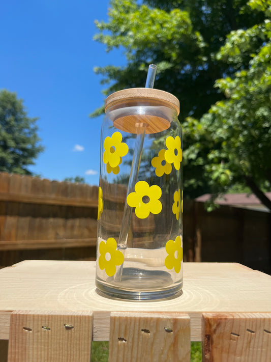 Retro Flower 20oz Glass Can
